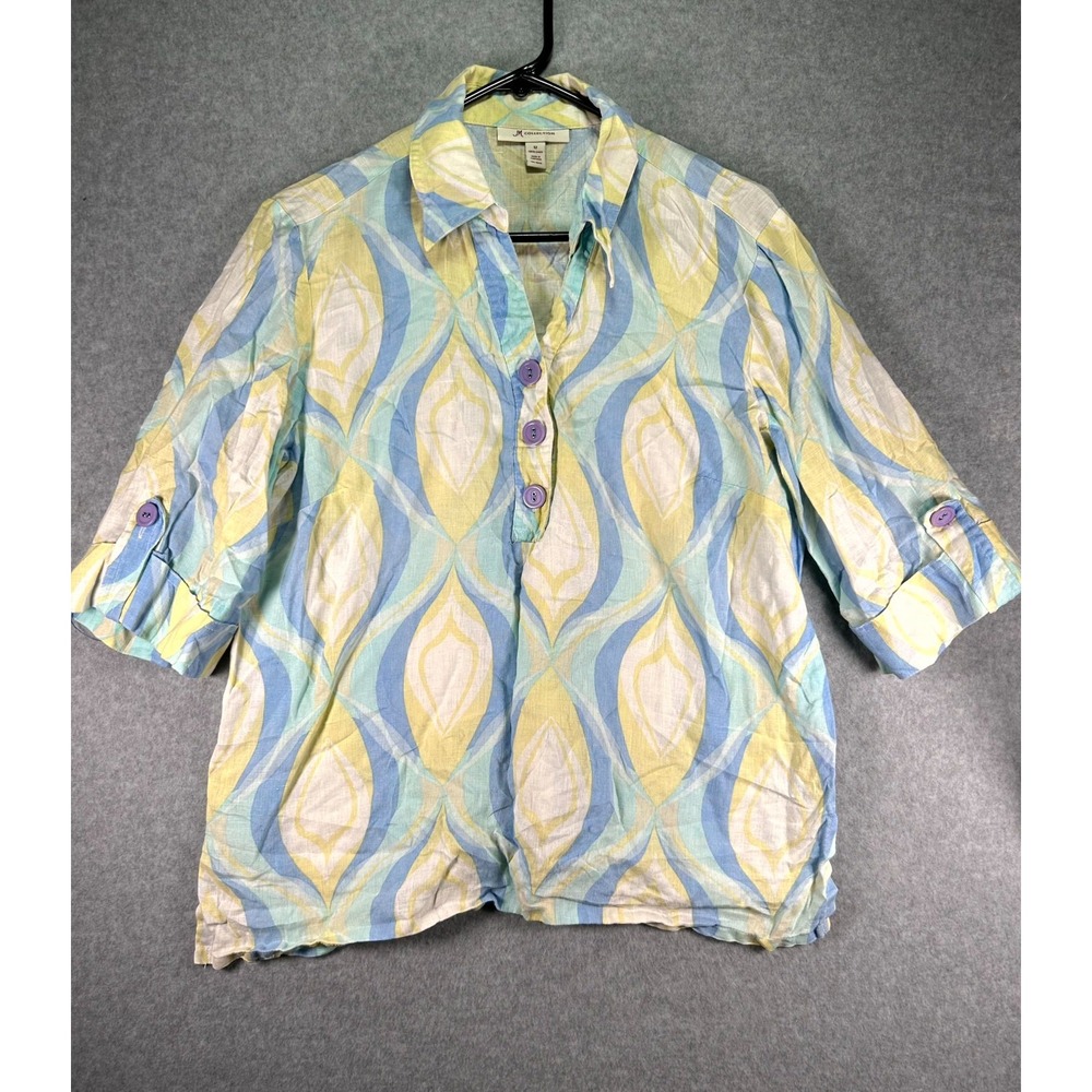 JM Collection Blouse Top Womens 12 Multicolor Printed Linen Roll Tab Sleeve